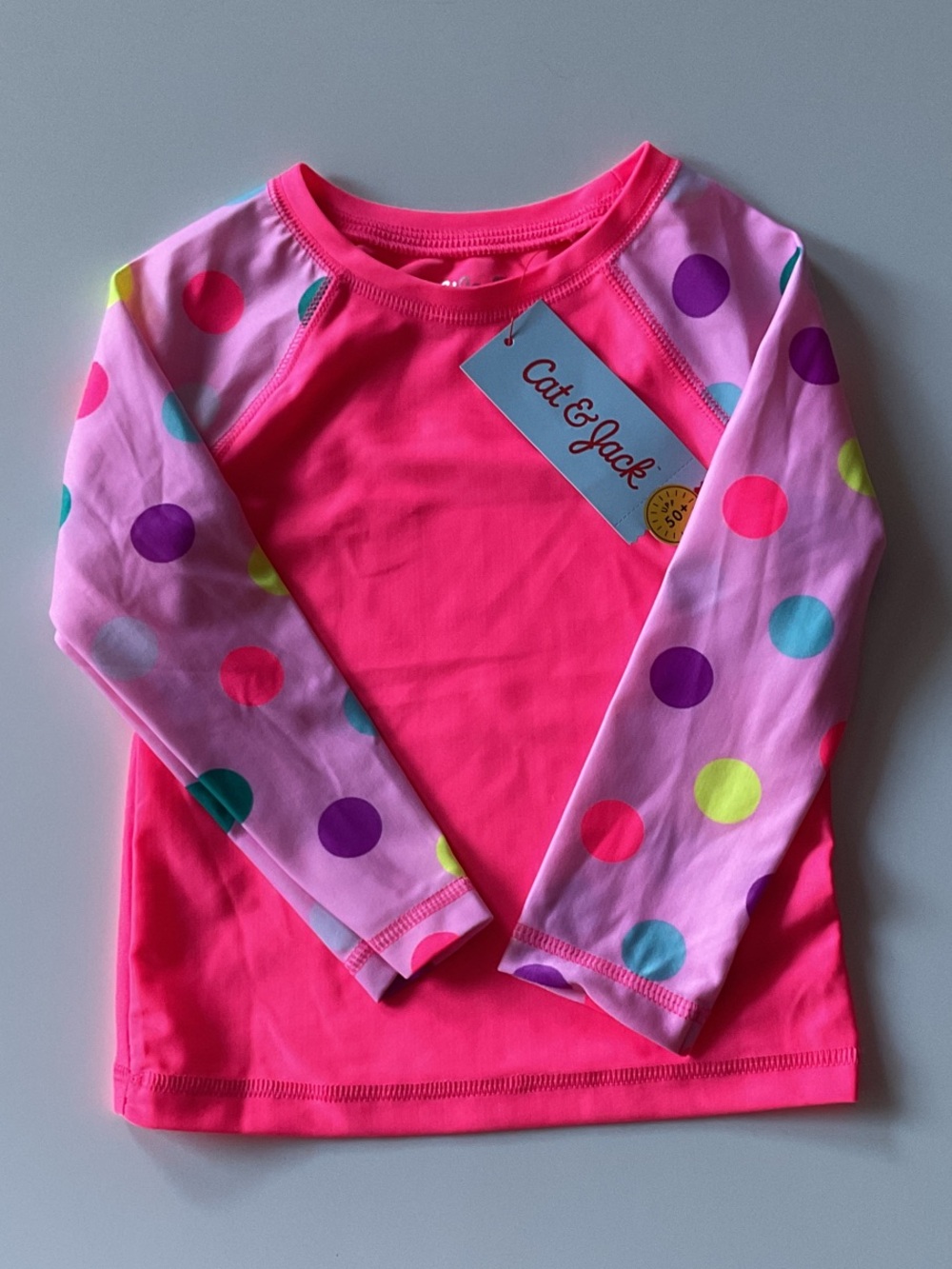 Cat & Jack Neon Pink Rash Guard with Polka Dot Sleeves
